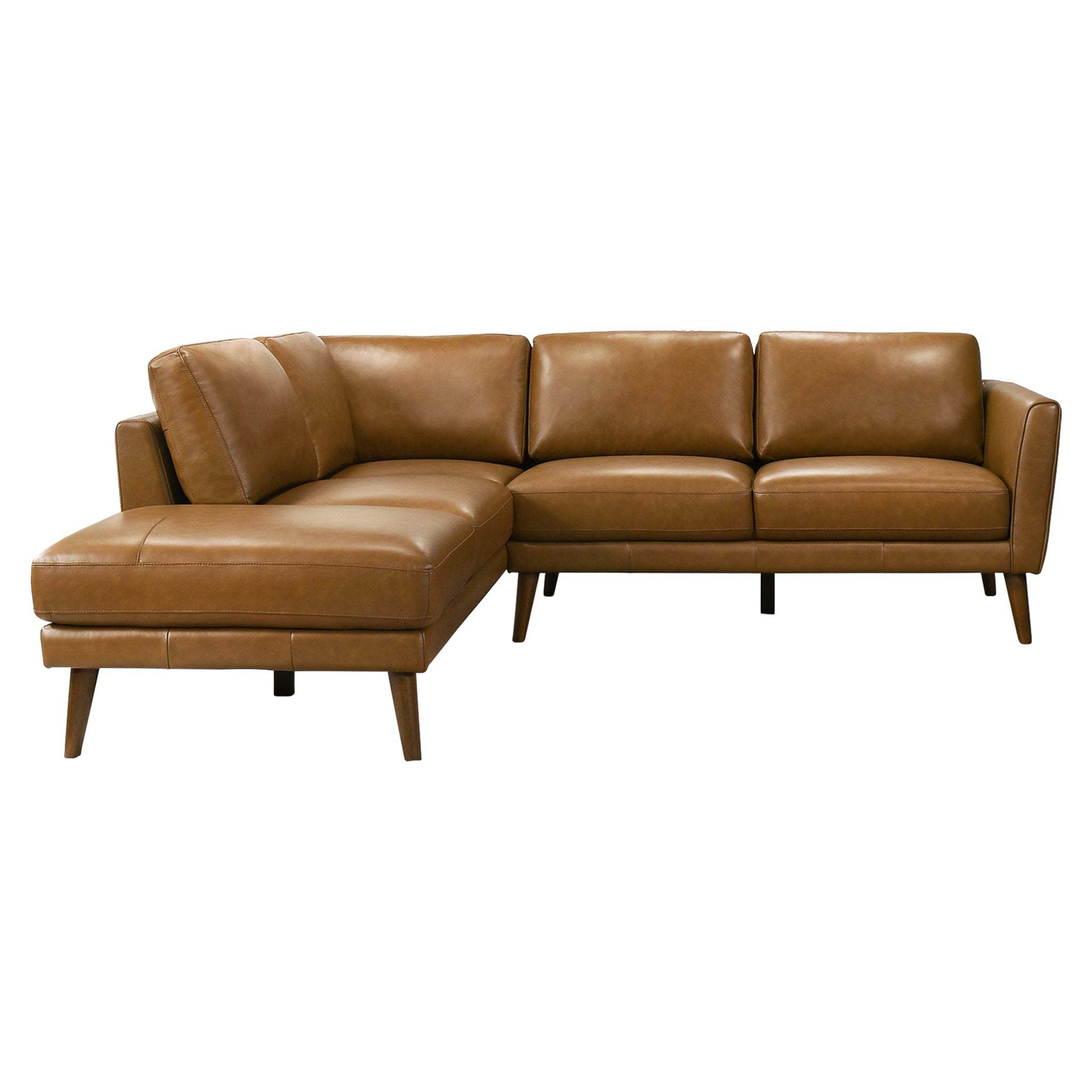Mid-century modern tan leather sectional sofa with a left-facing chaise and tapered wooden legs on a white background.
