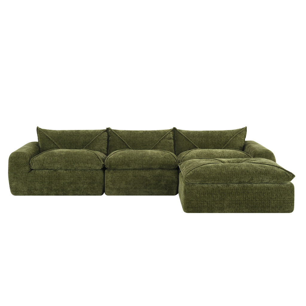 Front view of green 116'' compressed sofa with right chaise, high density foam cushions, and contemporary no-assembly build.