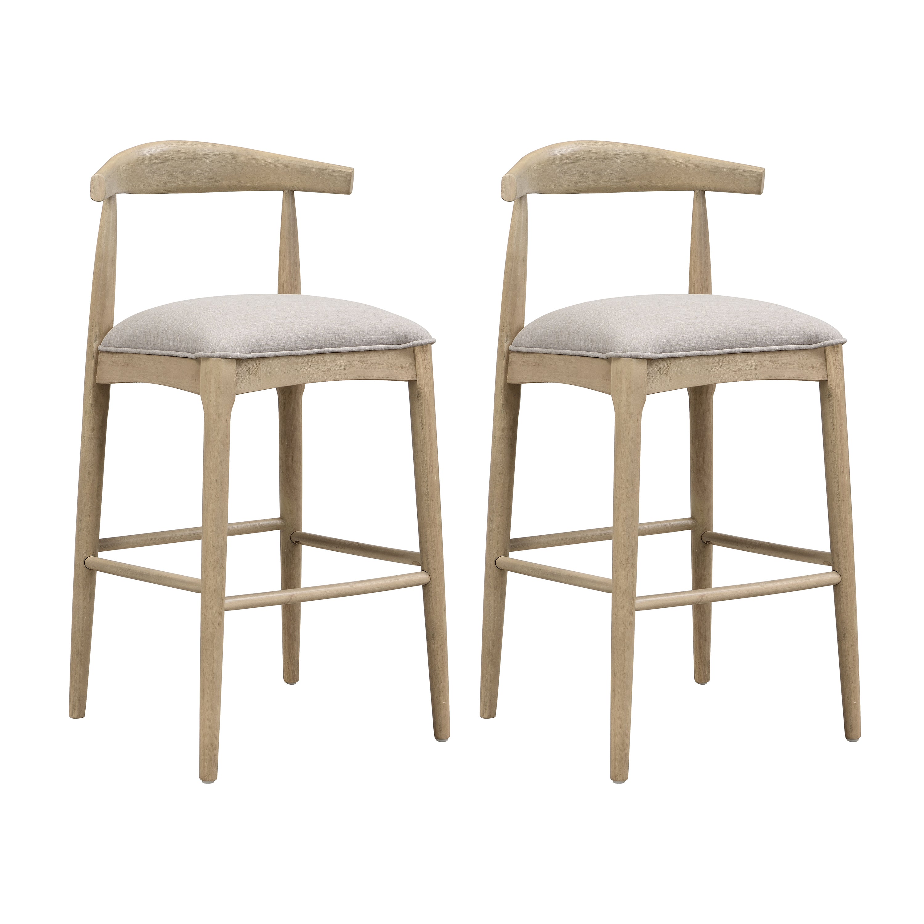 Set of 2 Stylish Pebble Fabric Bar Stools in grey with ergonomic back support and light wood frame, perfect for home bar or counter seating.