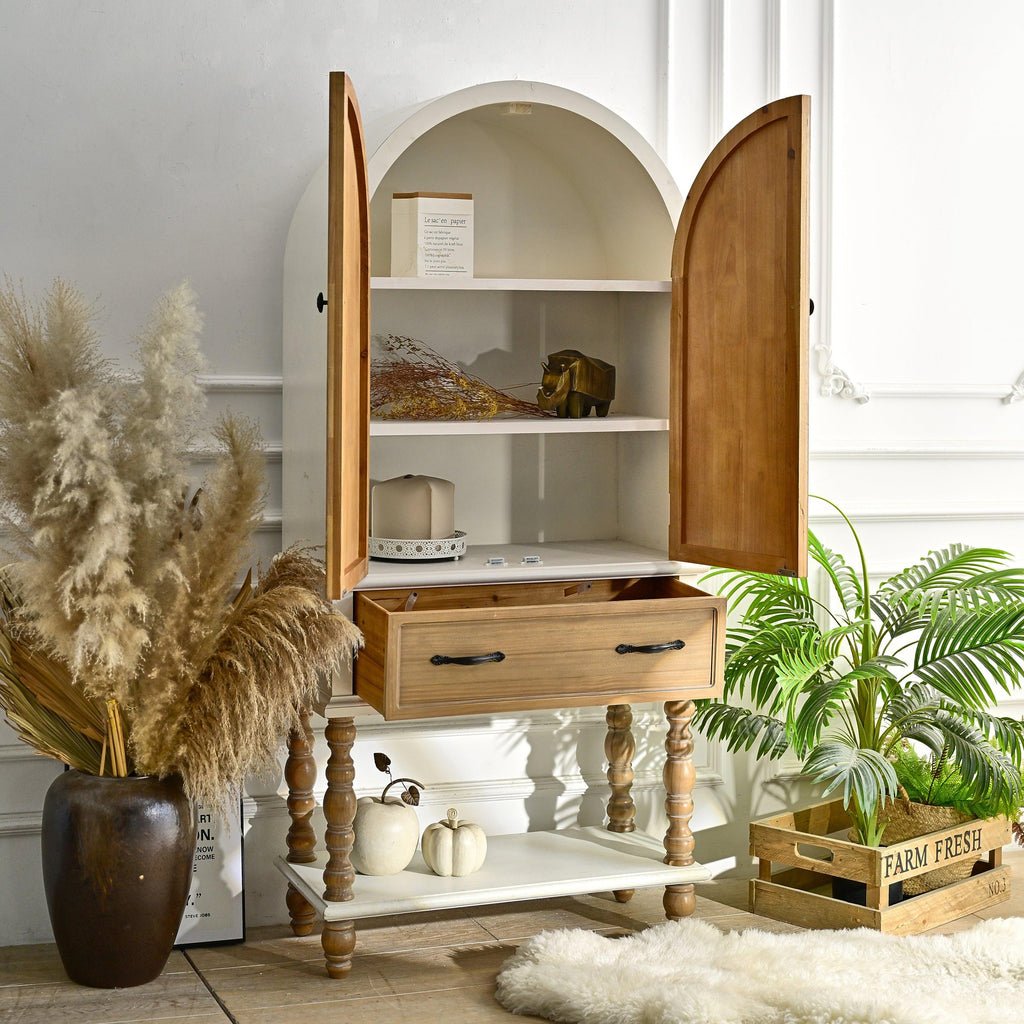 Arched Flower Carved Door Cabinet - Elegant Wooden Sideboard.