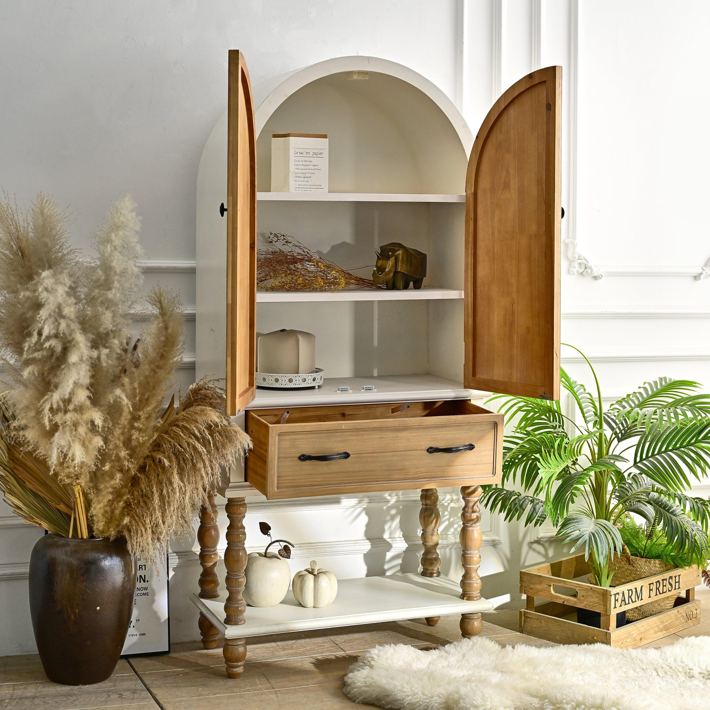 Arched Flower Carved Door Cabinet - Elegant Wooden Sideboard.