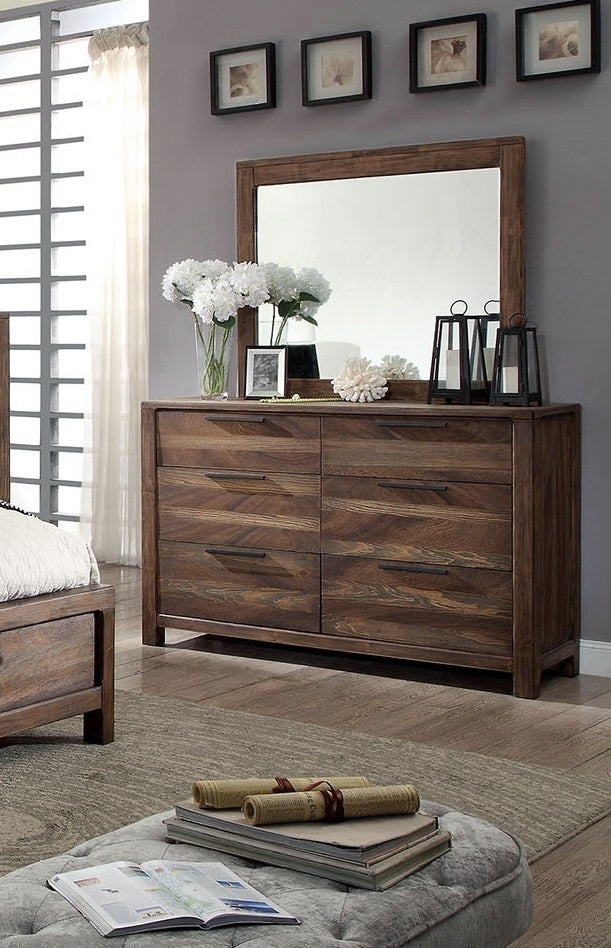 Rustic Natural Tone Dresser - Solid Wood | Felt-Lined Drawers, shown in a cozy bedroom setup with mirror and floral accents.