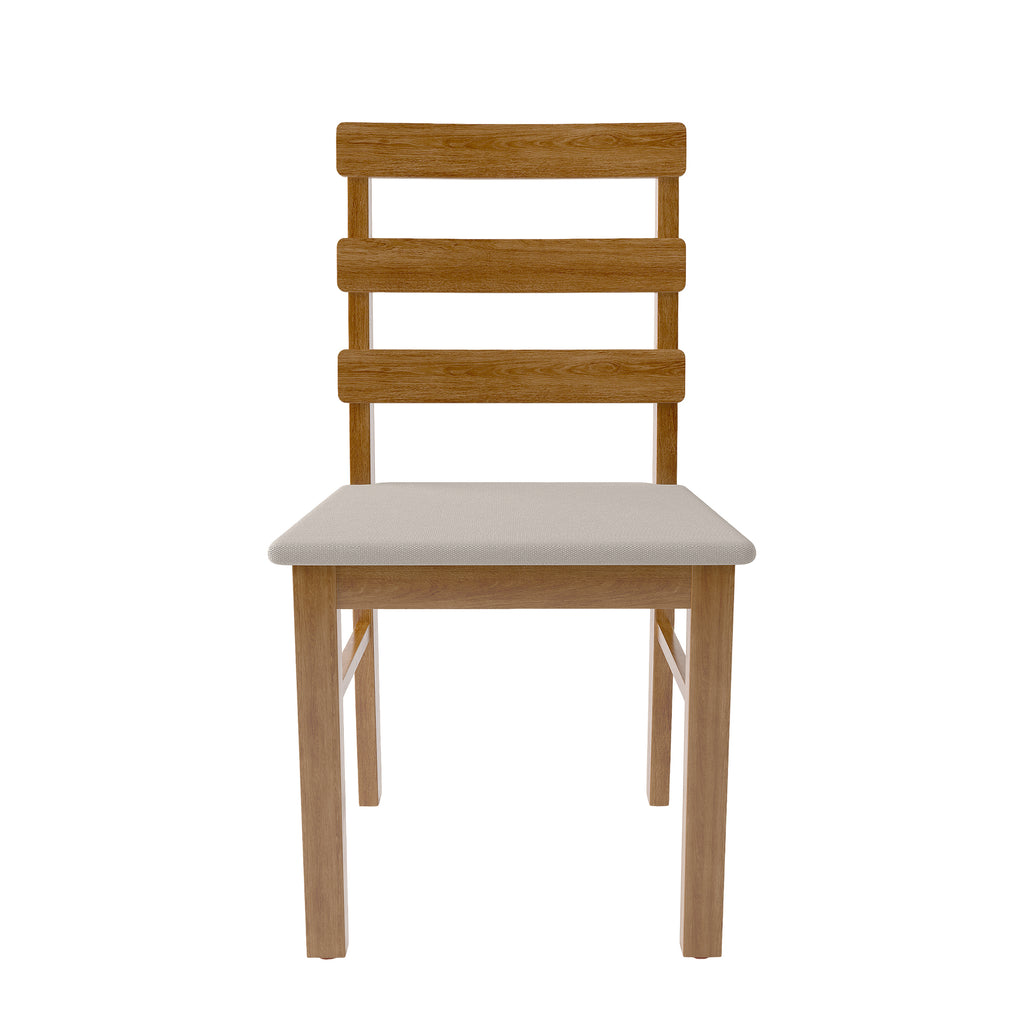 Front view of a solid wood dining chair with three horizontal slats and cushioned seat, from the 4-chair dining set.