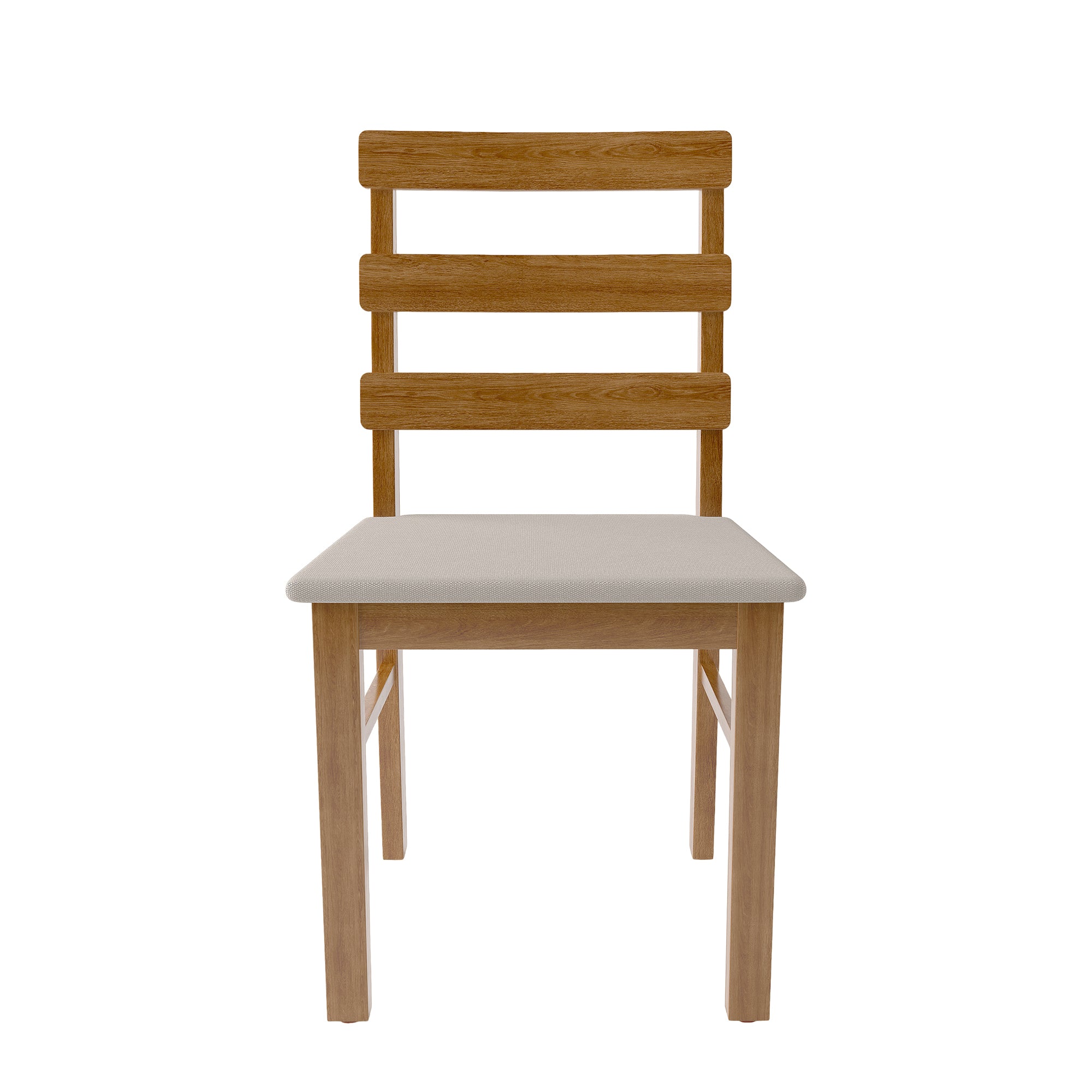 Front view of a solid wood dining chair with three horizontal slats and cushioned seat, from the 4-chair dining set.