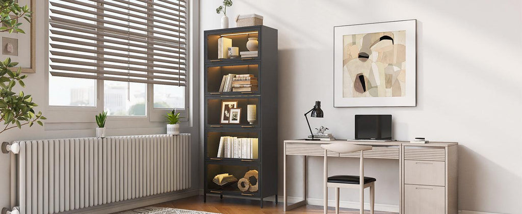 Iron Display Cabinet with Glass Doors - 5-Tier Bookcase.