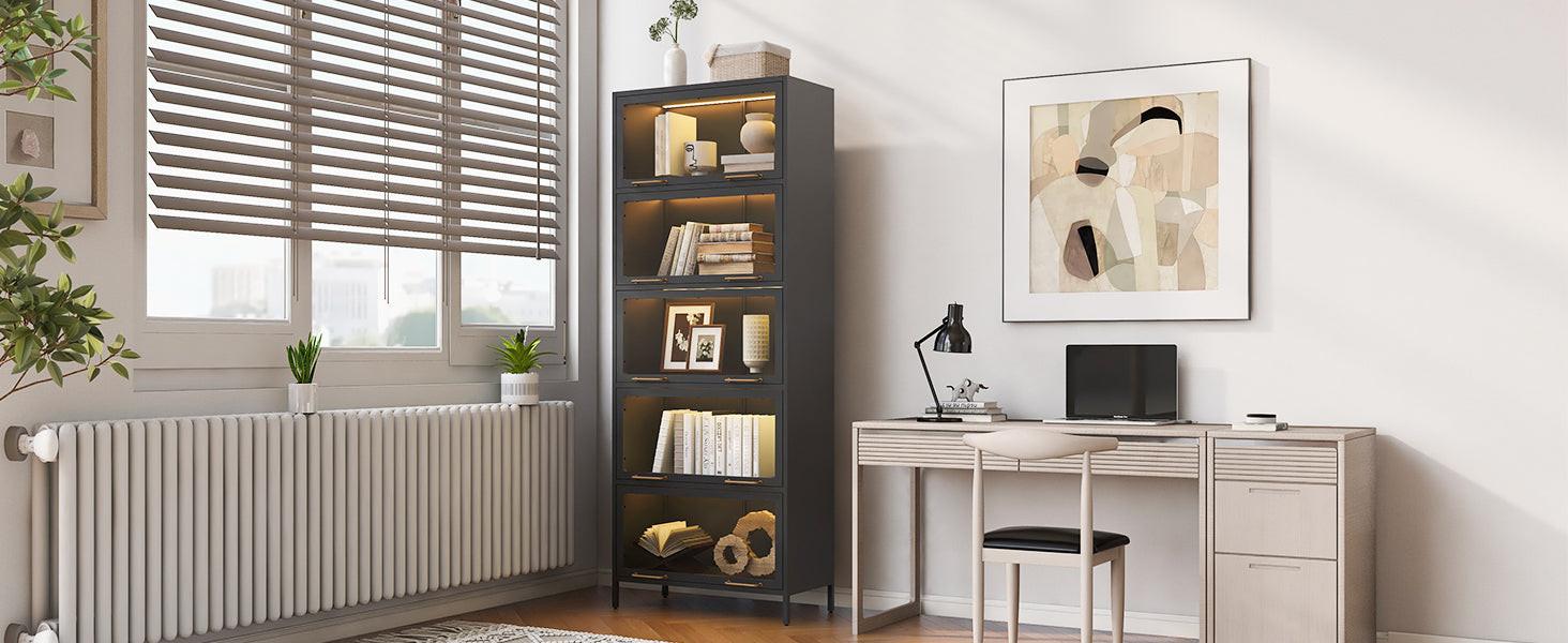 Iron Display Cabinet with Glass Doors - 5-Tier Bookcase.