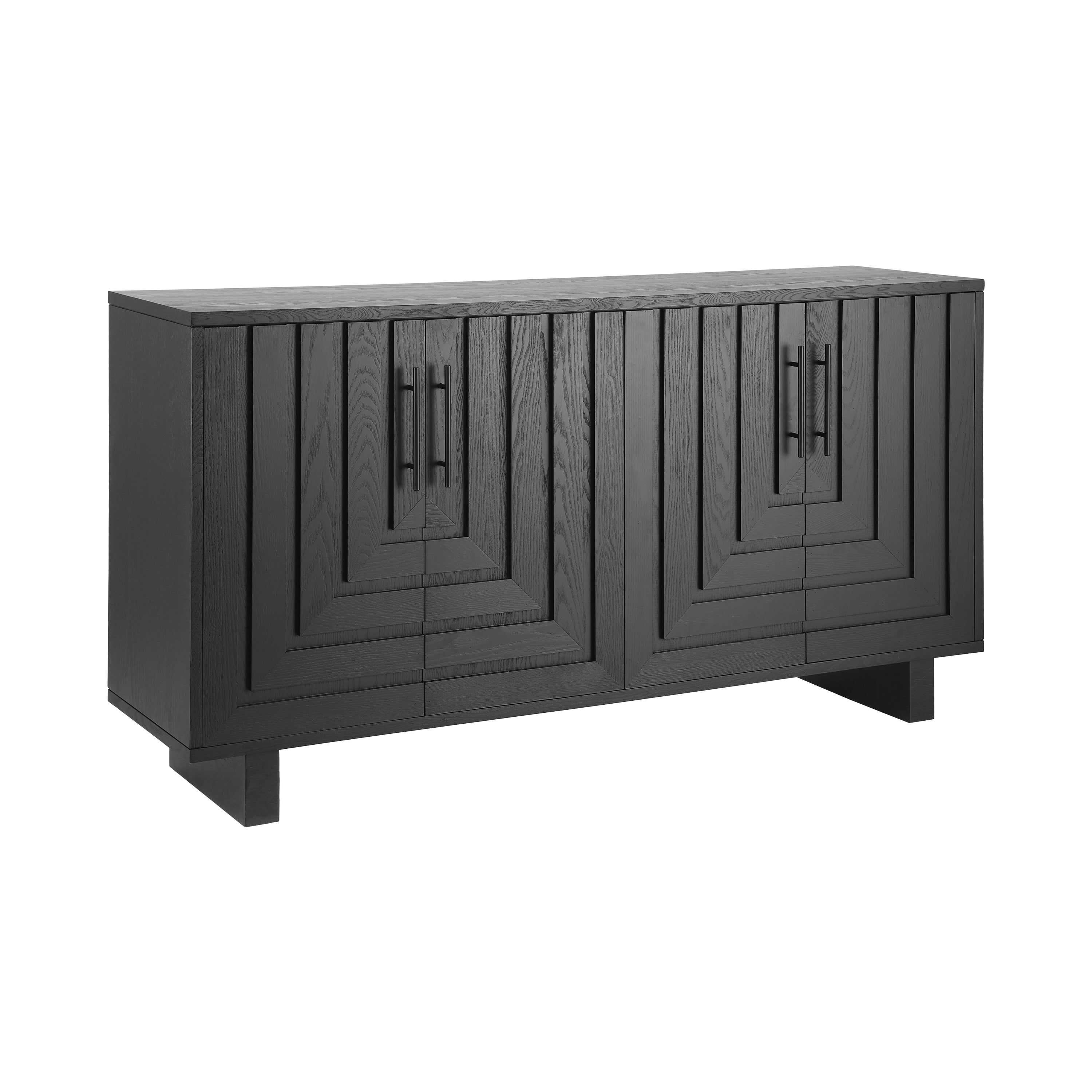 Angled view of Modern Sideboard Cabinet in black finish, highlighting its sleek lines and contemporary 4-door design.