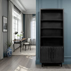 Black 78 inch Bookcase Pier - Radiance shown in a blue-accented room, offering sleek shelving and fluted door design for stylish organization.