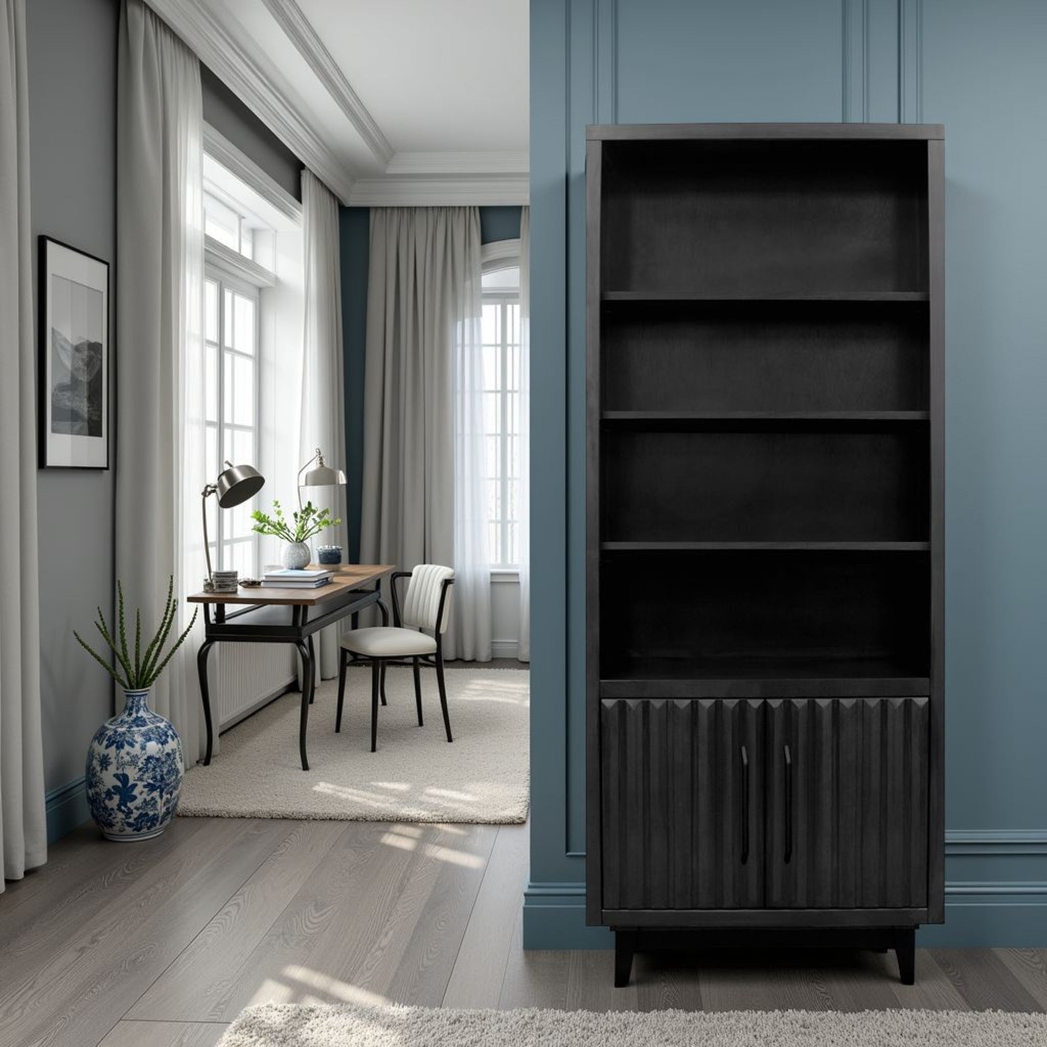 Black 78 inch Bookcase Pier - Radiance shown in a blue-accented room, offering sleek shelving and fluted door design for stylish organization.
