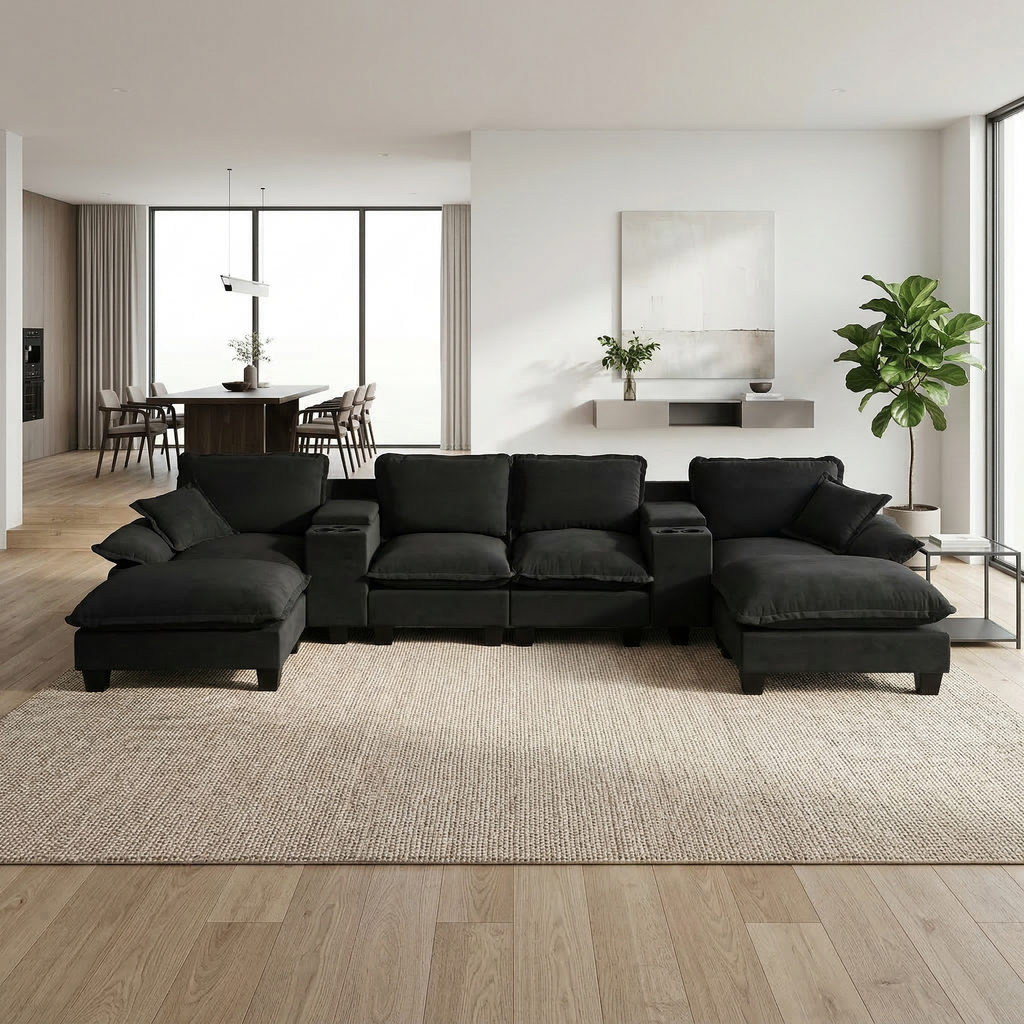 Black Chenille U-Shape Modular Cloud Couch with Storage & USB Ports
