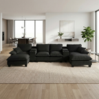 Black Chenille U-Shape Modular Cloud Couch with Storage & USB Ports