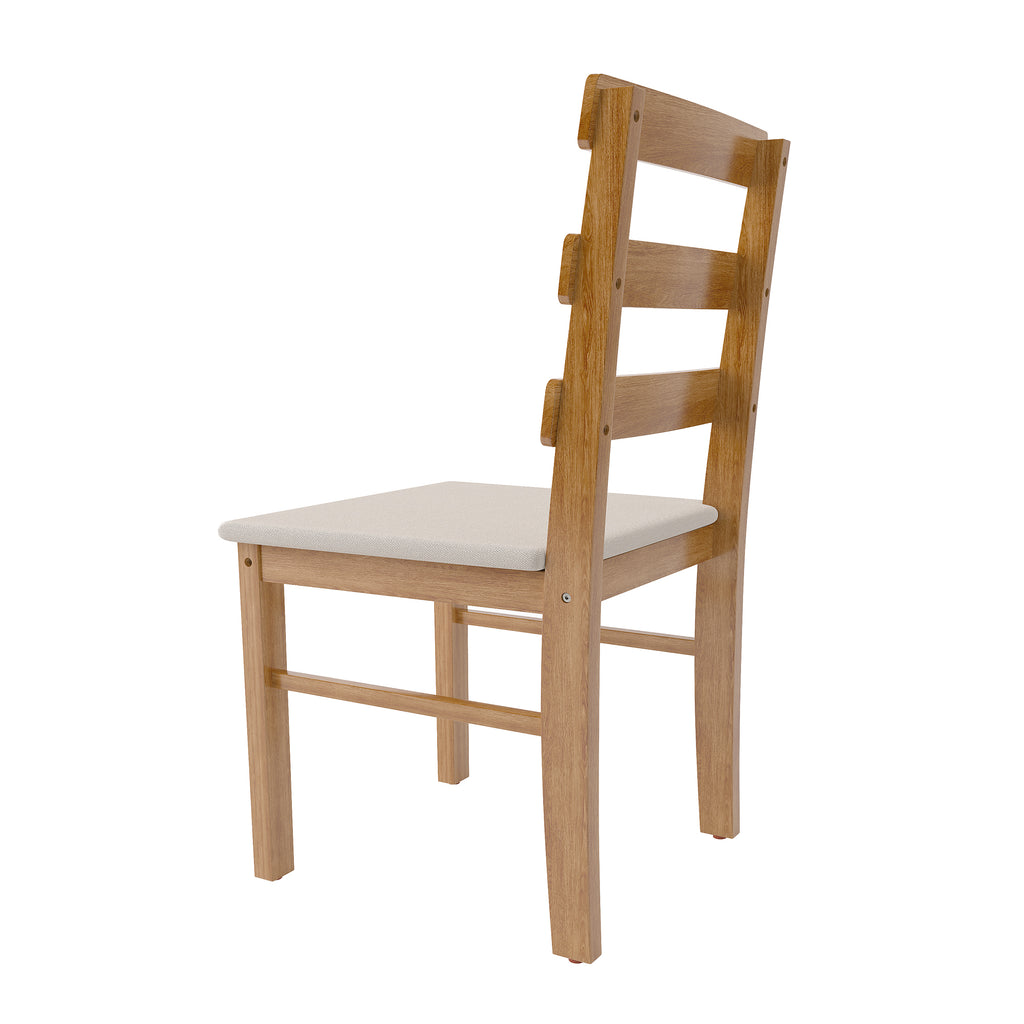 Angled side view of a solid wood dining chair with ergonomic backrest and padded seat, part of the 4-chair dining set.