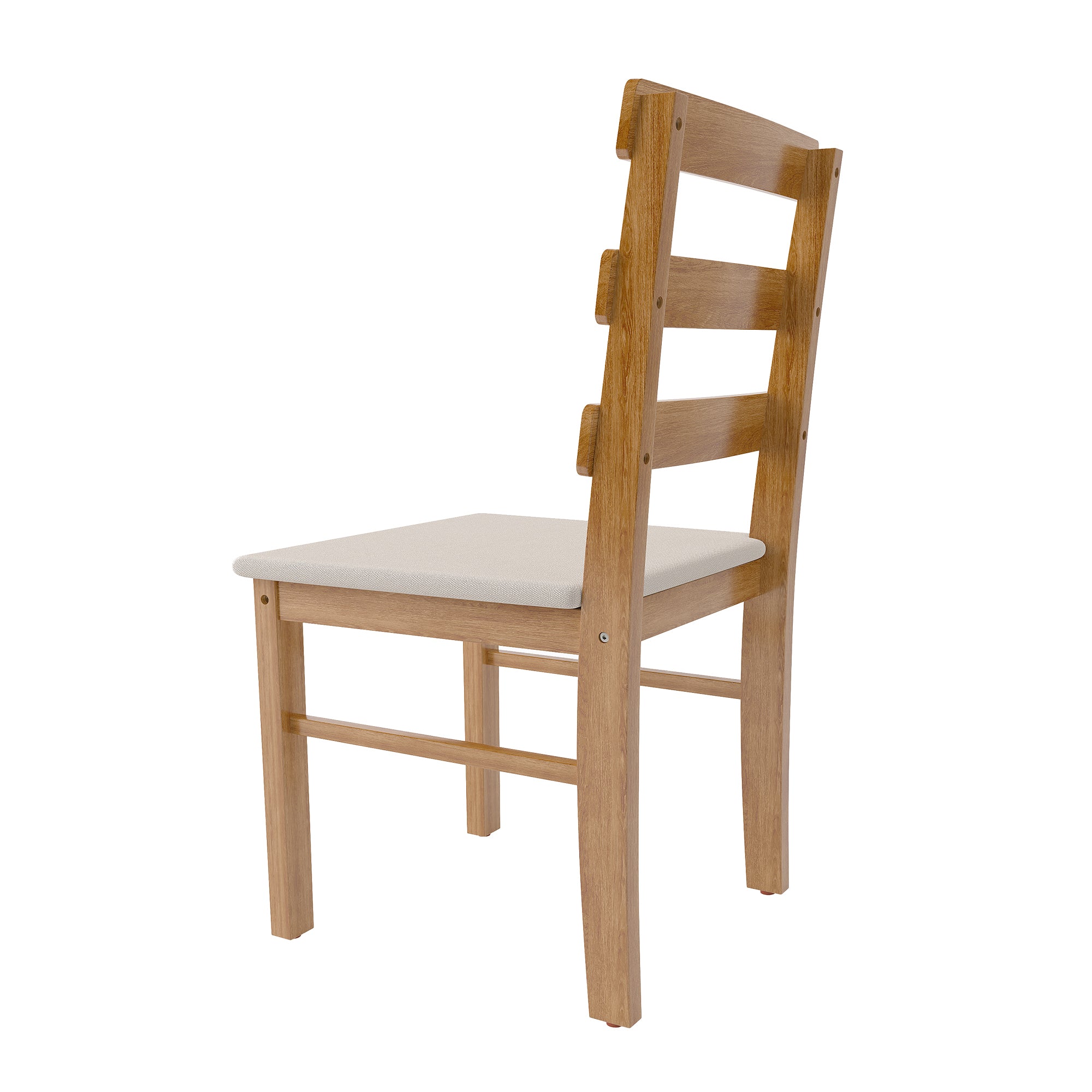 Angled side view of a solid wood dining chair with ergonomic backrest and padded seat, part of the 4-chair dining set.