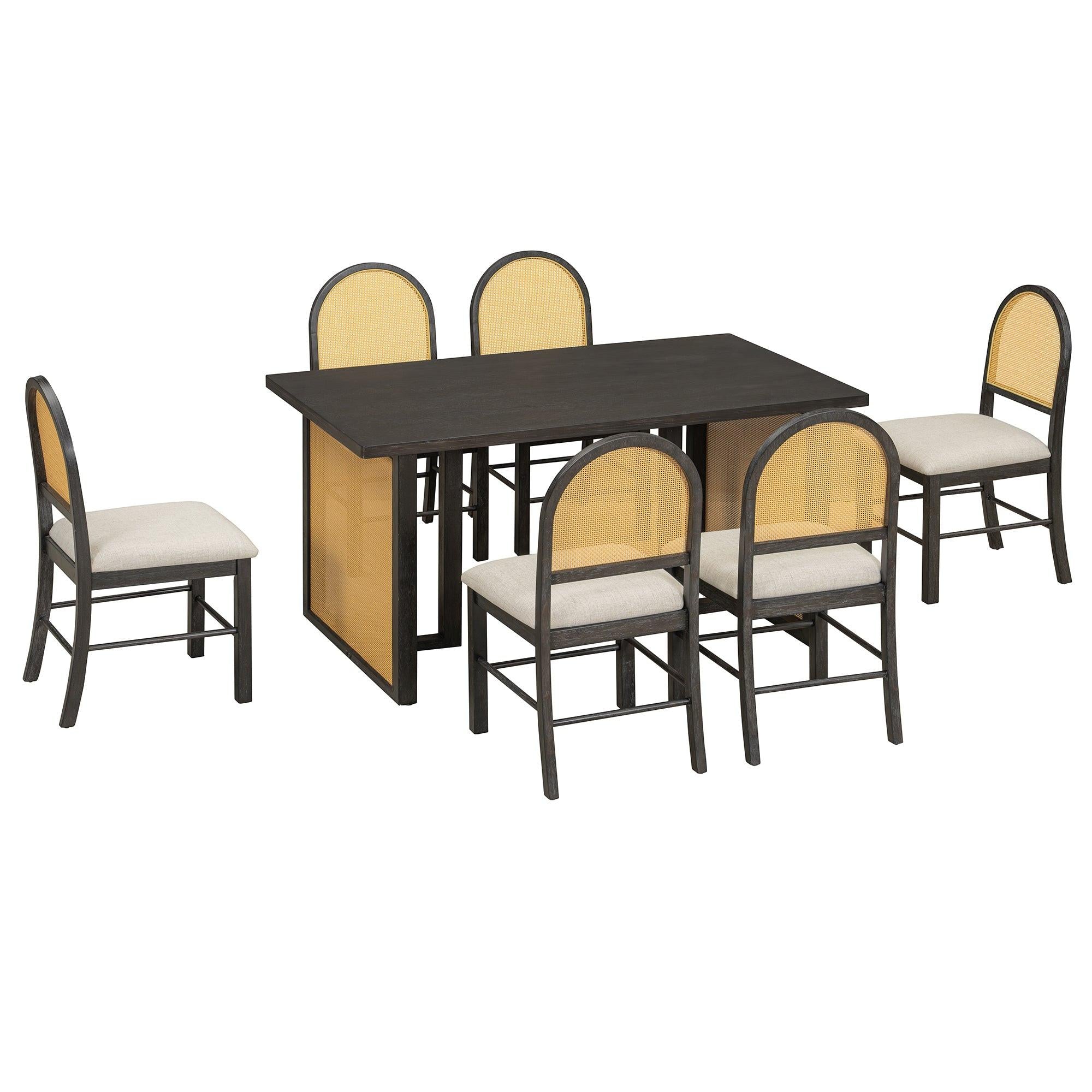 TREXM 7-Piece Farmhouse Dining Table Set for 6 - 59.8' Rectangular Dining Table with Distressed Oak Veneer and 6 Rattan Chairs, Rustic Kitchen Furniture for Dining Room(Espresso).