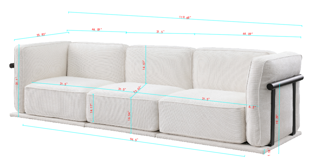 Dimension diagram of modular fabric sofa set with ottoman, detailing seat height, depth, and overall length for accurate space planning.