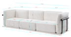Dimension diagram of modular fabric sofa set with ottoman, detailing seat height, depth, and overall length for accurate space planning.