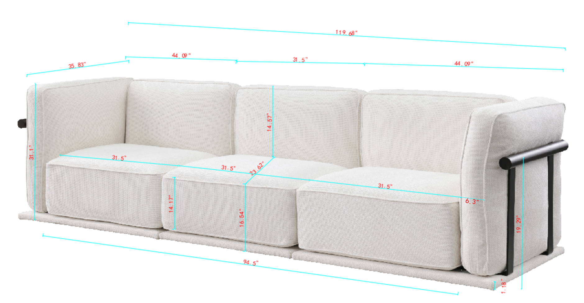 Dimension diagram of modular fabric sofa set with ottoman, detailing seat height, depth, and overall length for accurate space planning.