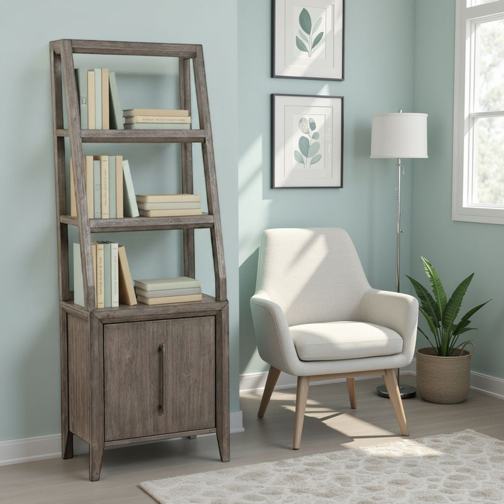 Avana 72-Inch Wood Bookshelf Pier in Smoky Greige with Bronze Accents