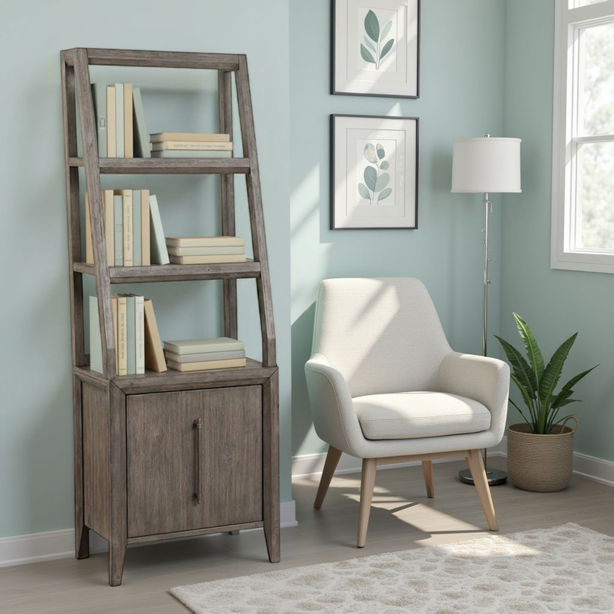 Avana 72-Inch Wood Bookshelf Pier in Smoky Greige with Bronze Accents