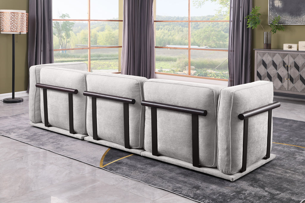 Back view of modular fabric sofa set with dark wood and metal support bars, showcasing modern design and structural detailing.