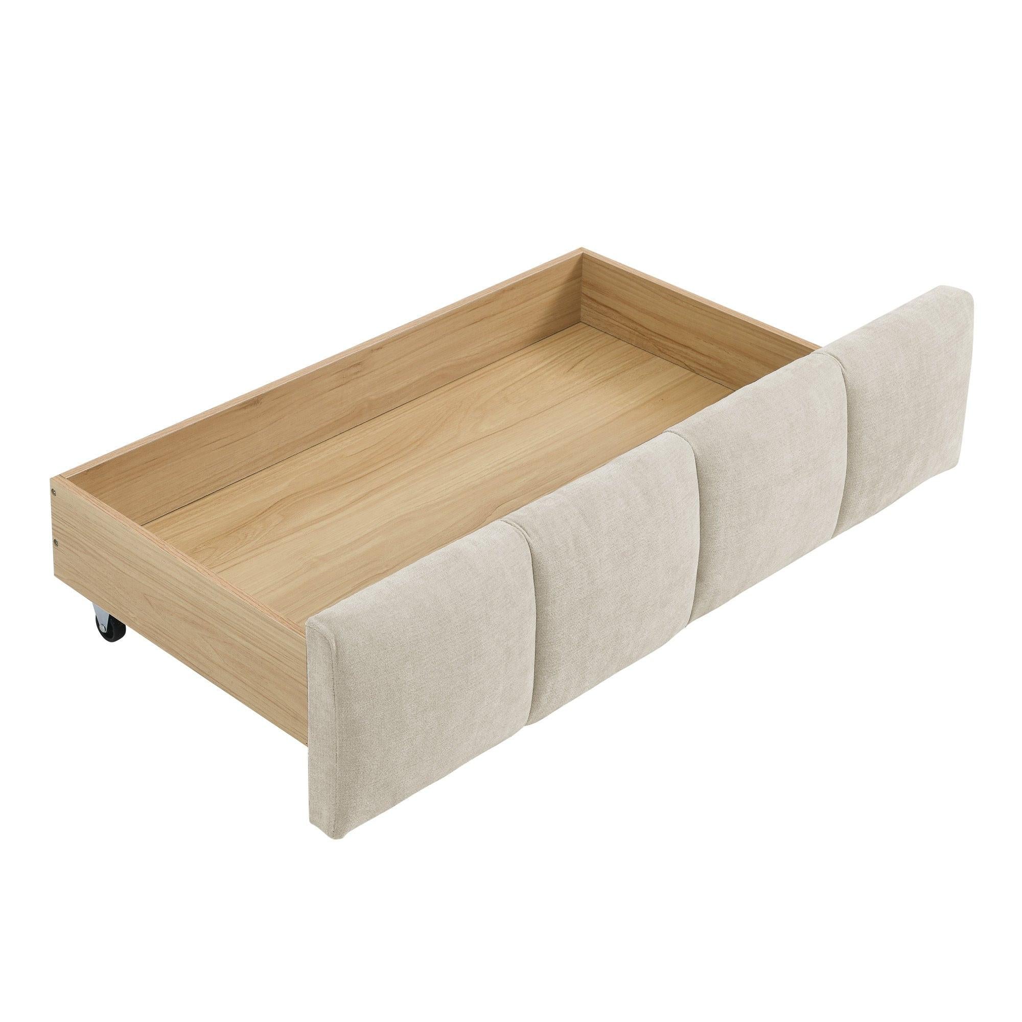 California King Upholstered Bed with Storage Drawer.