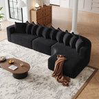 Chenille Sectional Sofa - Modular L-Shaped Sofa in black with 10 pillows and a brown throw, arranged in a cozy corner of a modern living room.