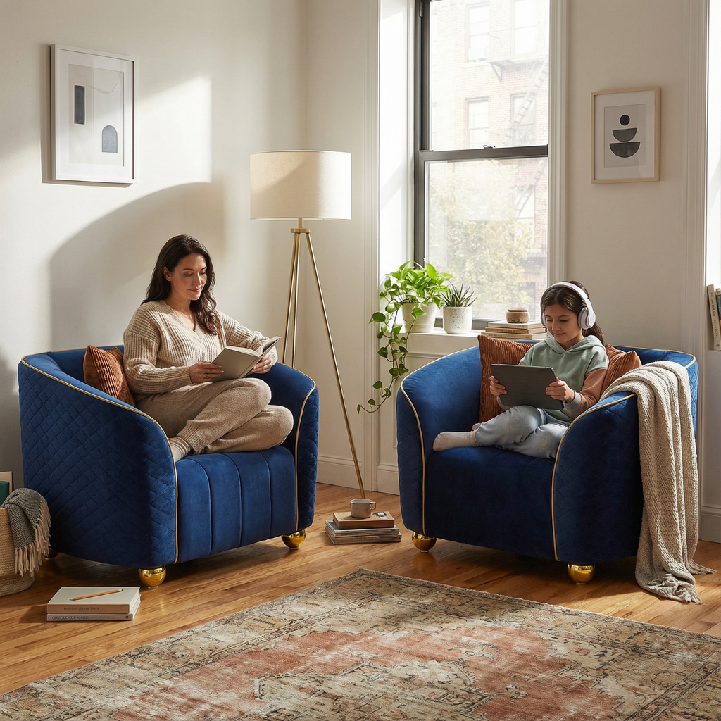 FX-P55-1S-RB1-2PCS Luxurious Quilted Blue Armchair.