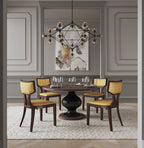 Camel wood dining chairs in elegant dining room setting, paired with round table. Solid beech frame and faux leather upholstery in camel tone.