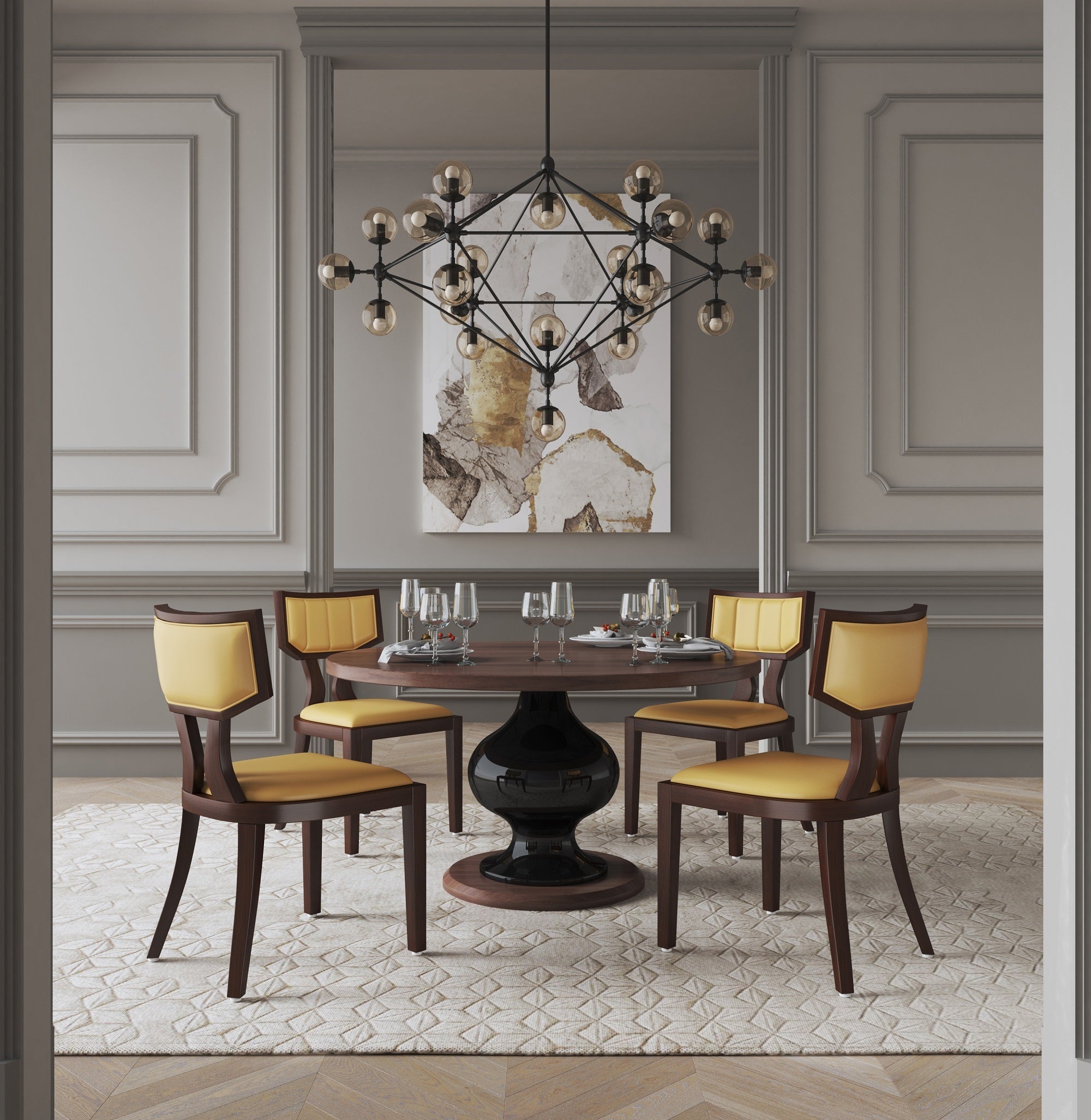 Camel wood dining chairs in elegant dining room setting, paired with round table. Solid beech frame and faux leather upholstery in camel tone.