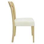 Side profile of a contemporary dining chair with a light ash wood frame and beige upholstered seat, showcasing ergonomic design.