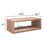 Dimensional view of Rustic Beaded Edge Coffee Table with measurements: 47.6” length, 23.7” width, 17” height, and 12.2” shelf height.
