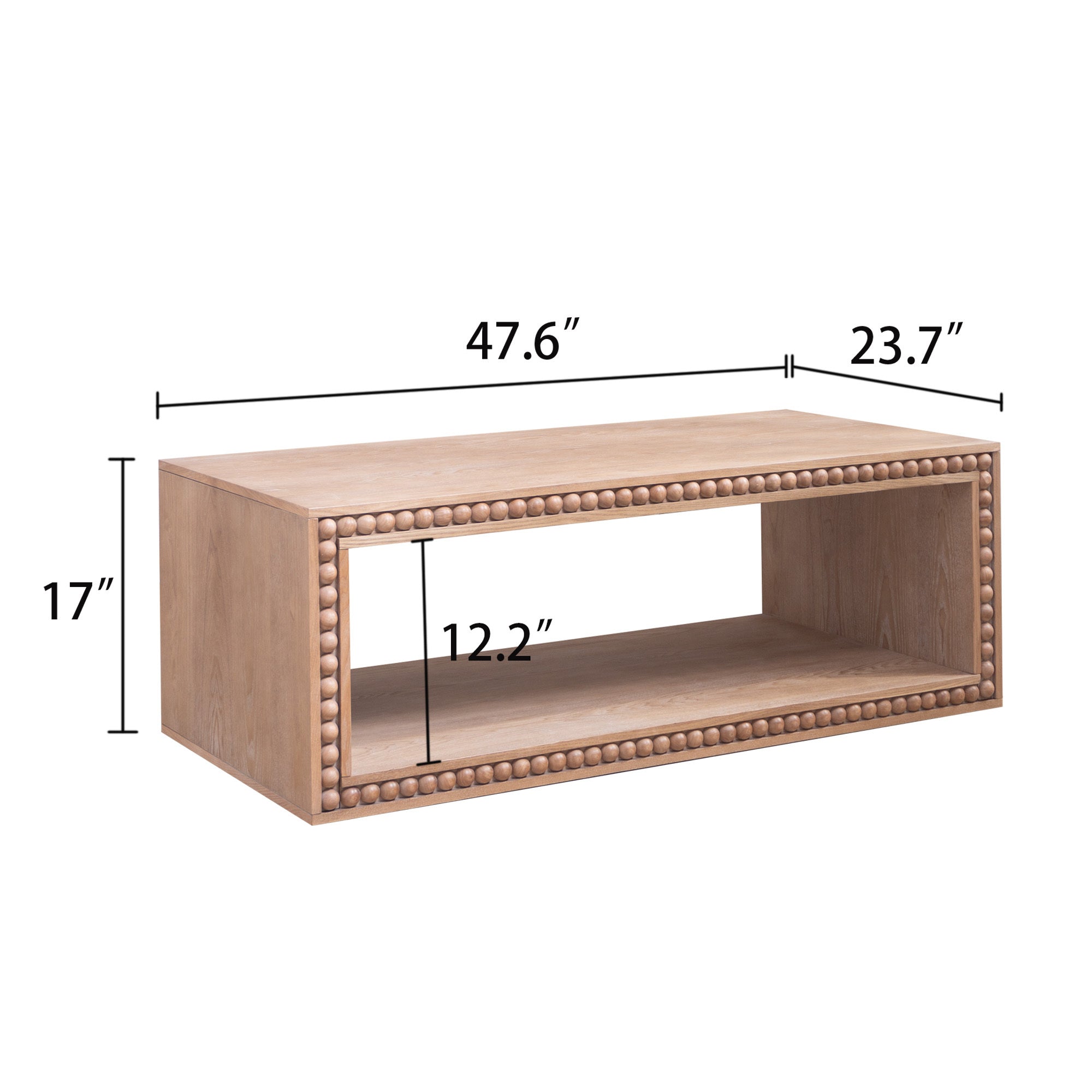 Dimensional view of Rustic Beaded Edge Coffee Table with measurements: 47.6” length, 23.7” width, 17” height, and 12.2” shelf height.