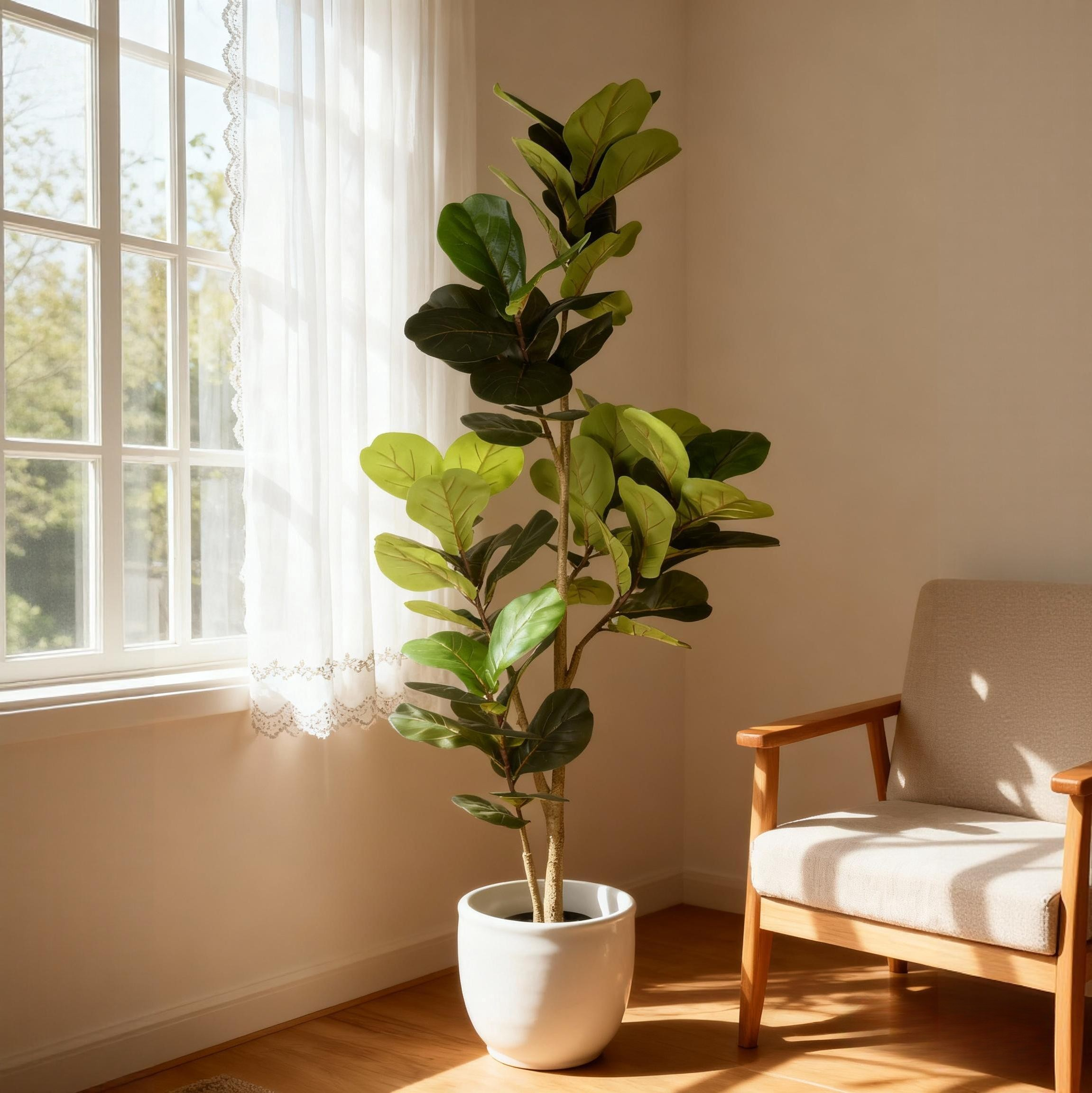 6ft faux fiddle leaf fig tree with lush green fabric leaves in a white round pot, standing in a sunny corner.