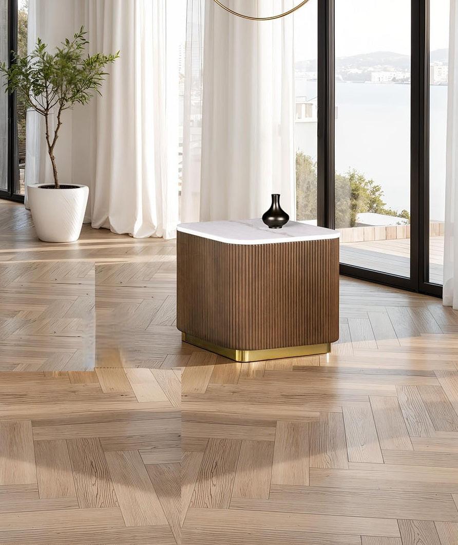 Contemporary Square End Table with Marble Top and Gold Base.