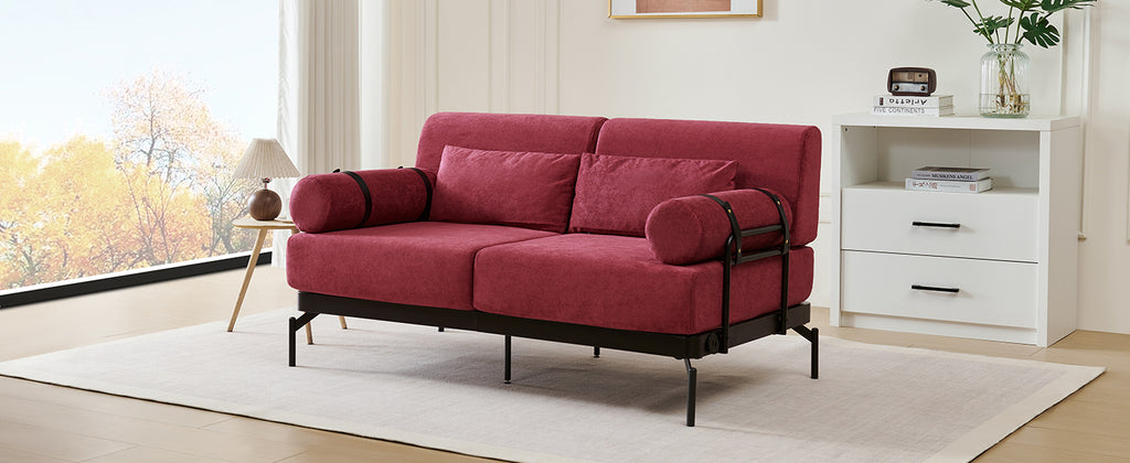 Modern Loveseat Sofa 59' Sofa Couch 2-Seater with USB Ports, Unique Cylindrical Armrests, Red Chenille