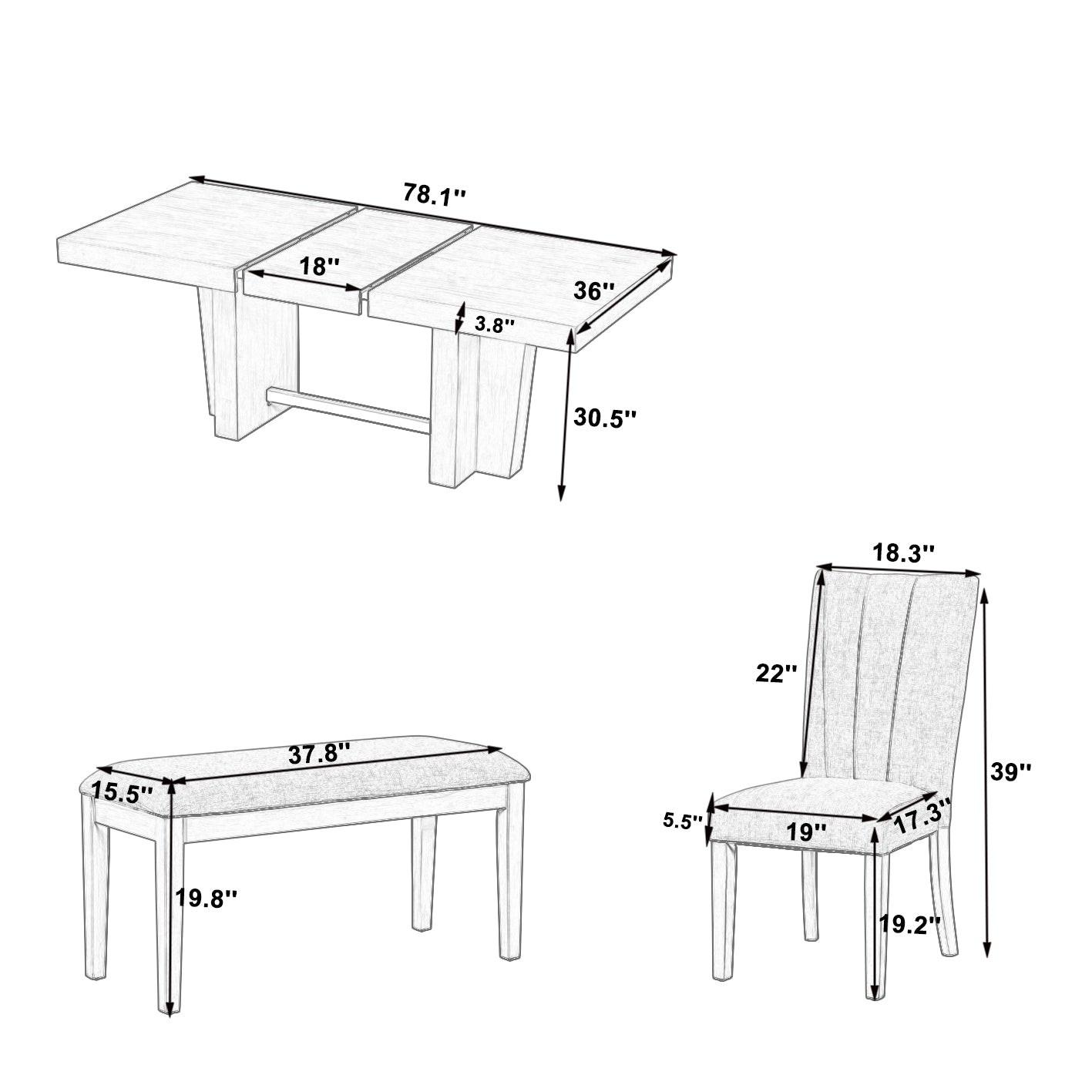 Extendable Wood Dining Table Set for 6 with Bench & Chairs.