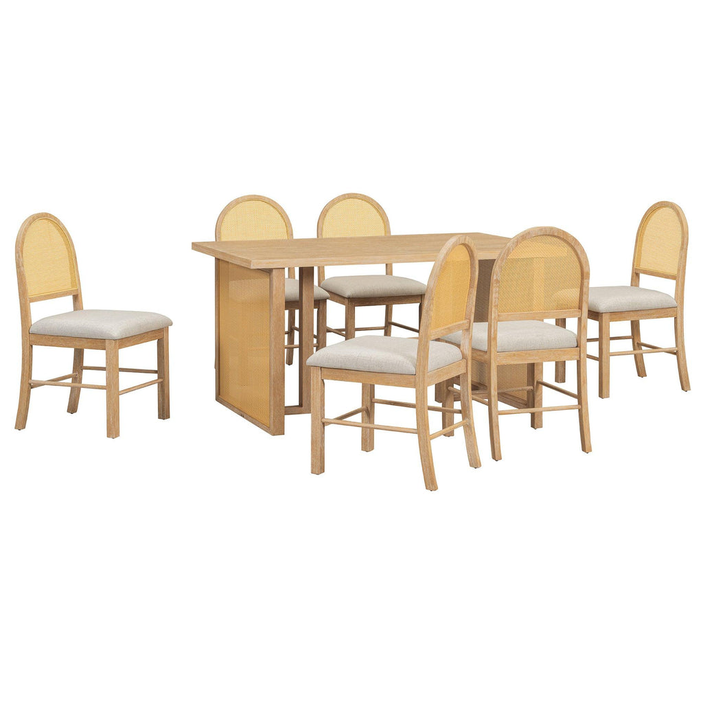 TREXM 7-Piece Farmhouse Dining Table Set for 6 - 59.8' Rectangular Dining Table with Distressed Oak Veneer and 6 Rattan Chairs, Rustic Kitchen Furniture for Dining Room(Natural).