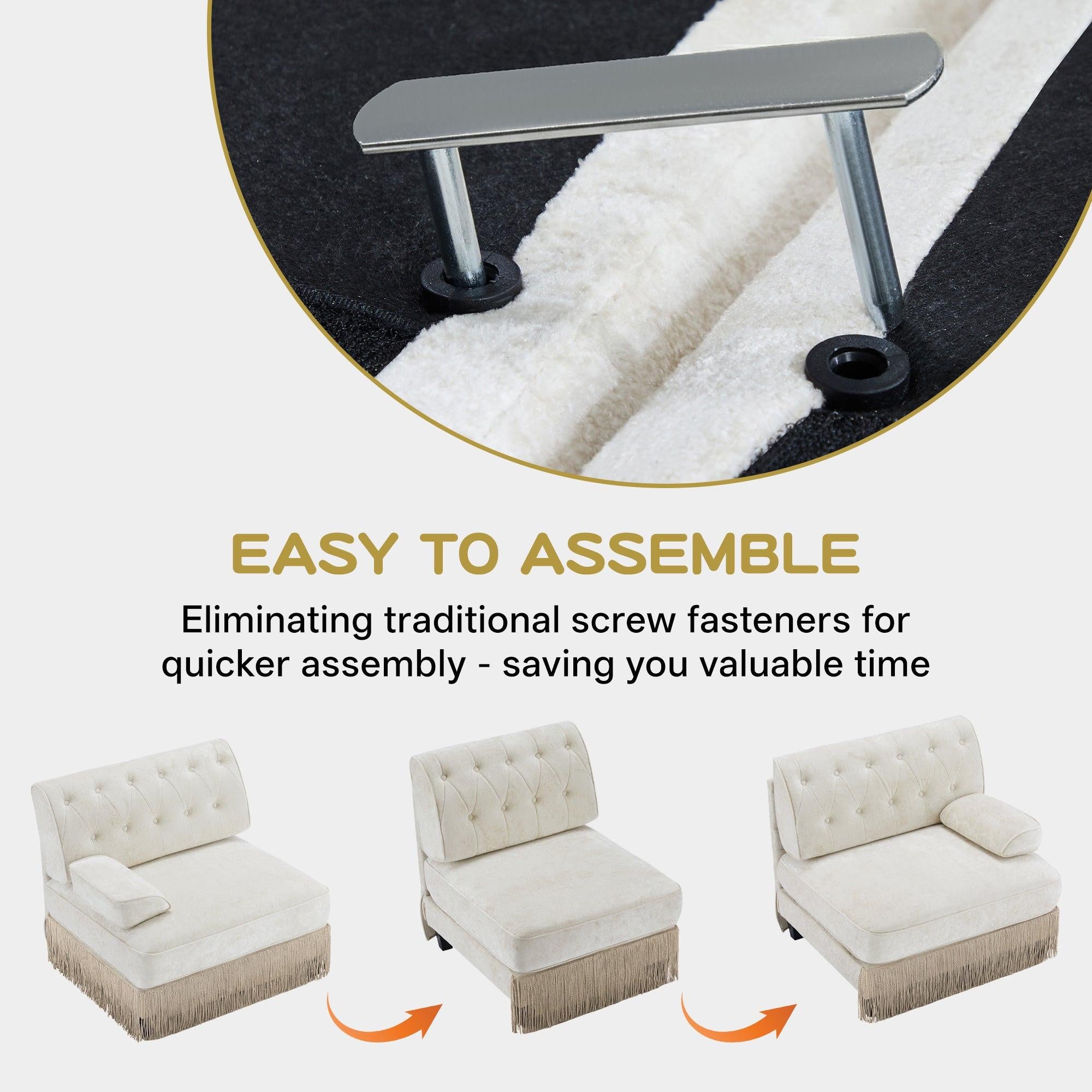 Modular Sectional Sofa in Beige with Button Tufting.