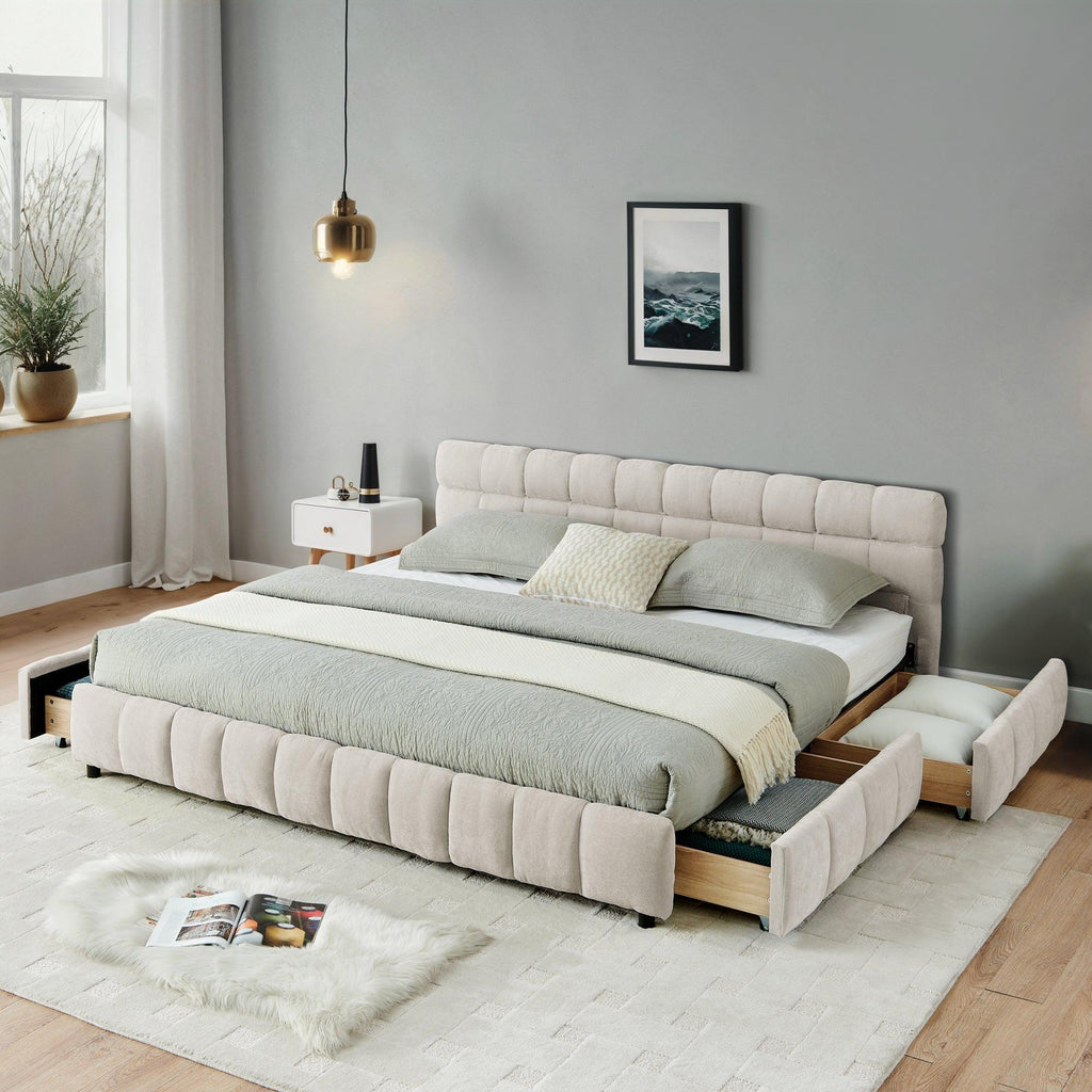 California King Upholstered Bed with Storage Drawer.