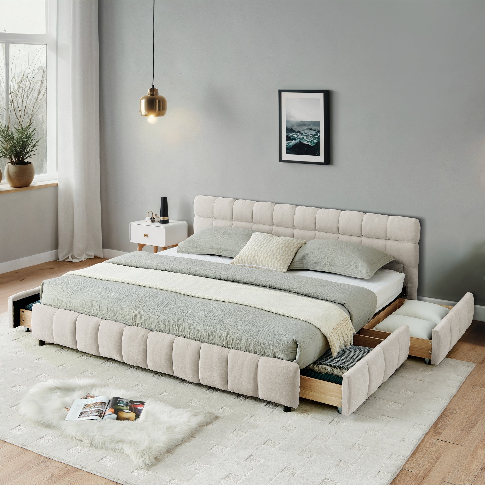California King bed in soft chenille fabric with side drawers extended, showcasing ample underbed storage and elegant tufted headboard design.