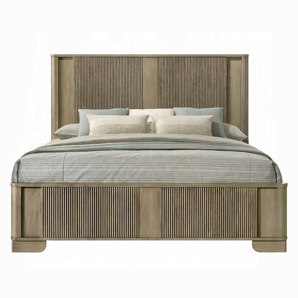 King Bed LED Headboard - Antique Oak | Rustic Style shown from front with ribbed panel design and plush bedding in a transitional decor setting.