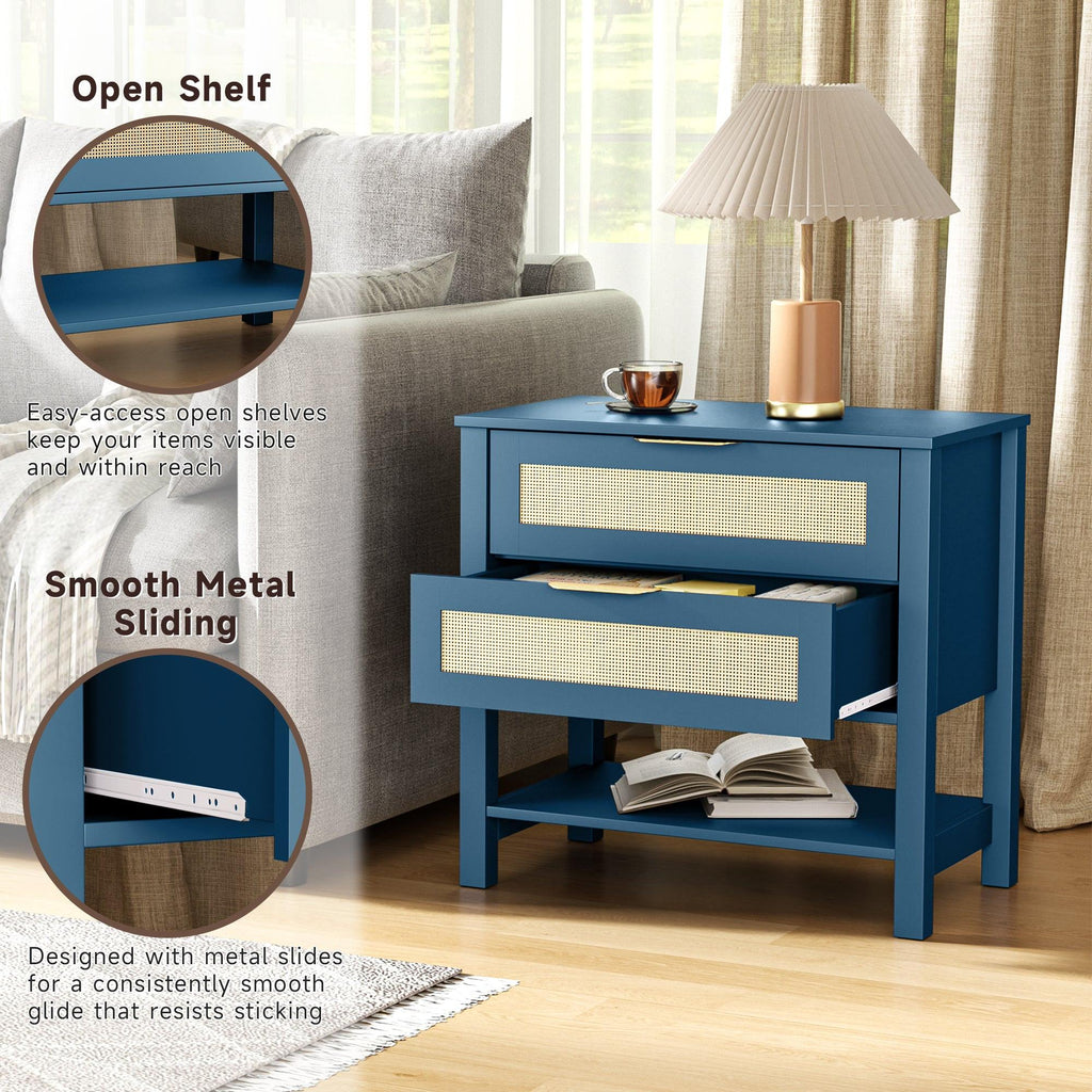 Boho Nightstand with 2 Drawers and Storage Shelf.