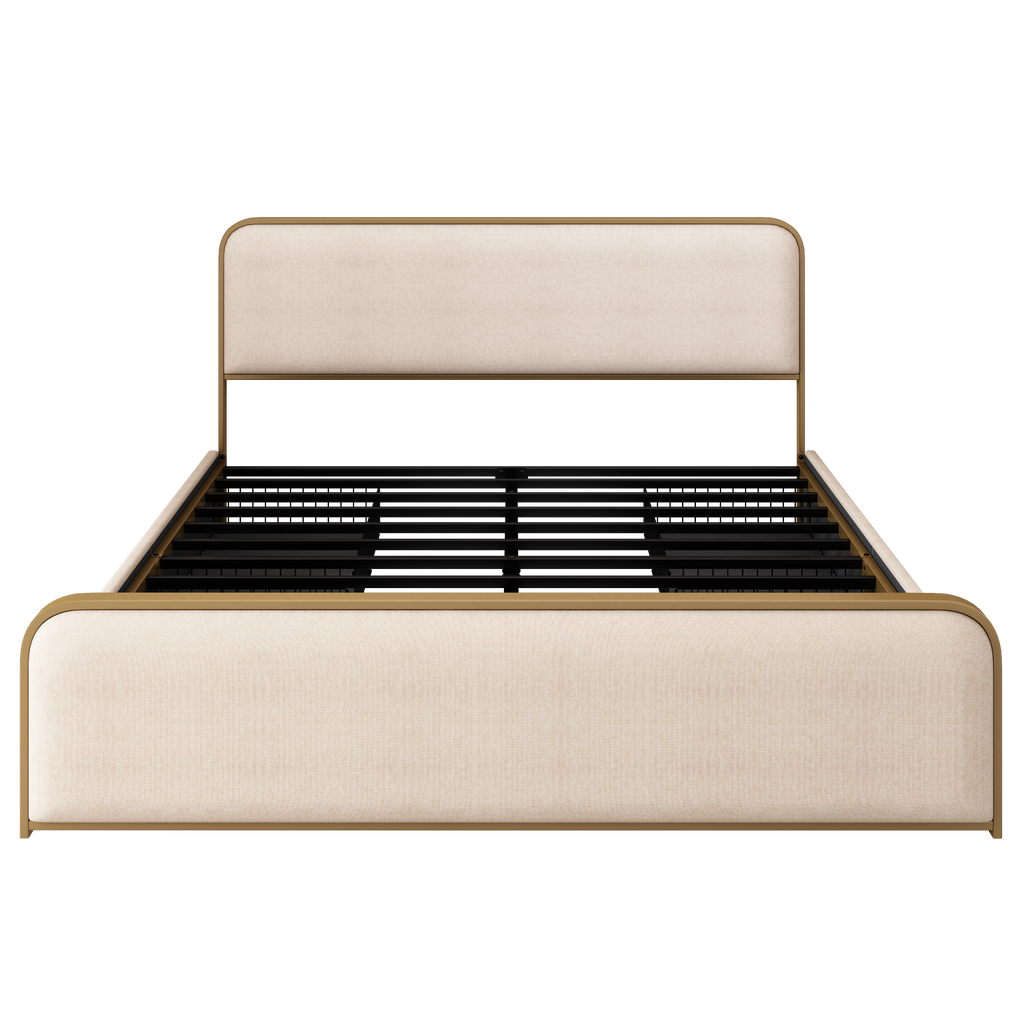 King Metal Bed Frame with Storage Drawers and Upholstered Headboard.