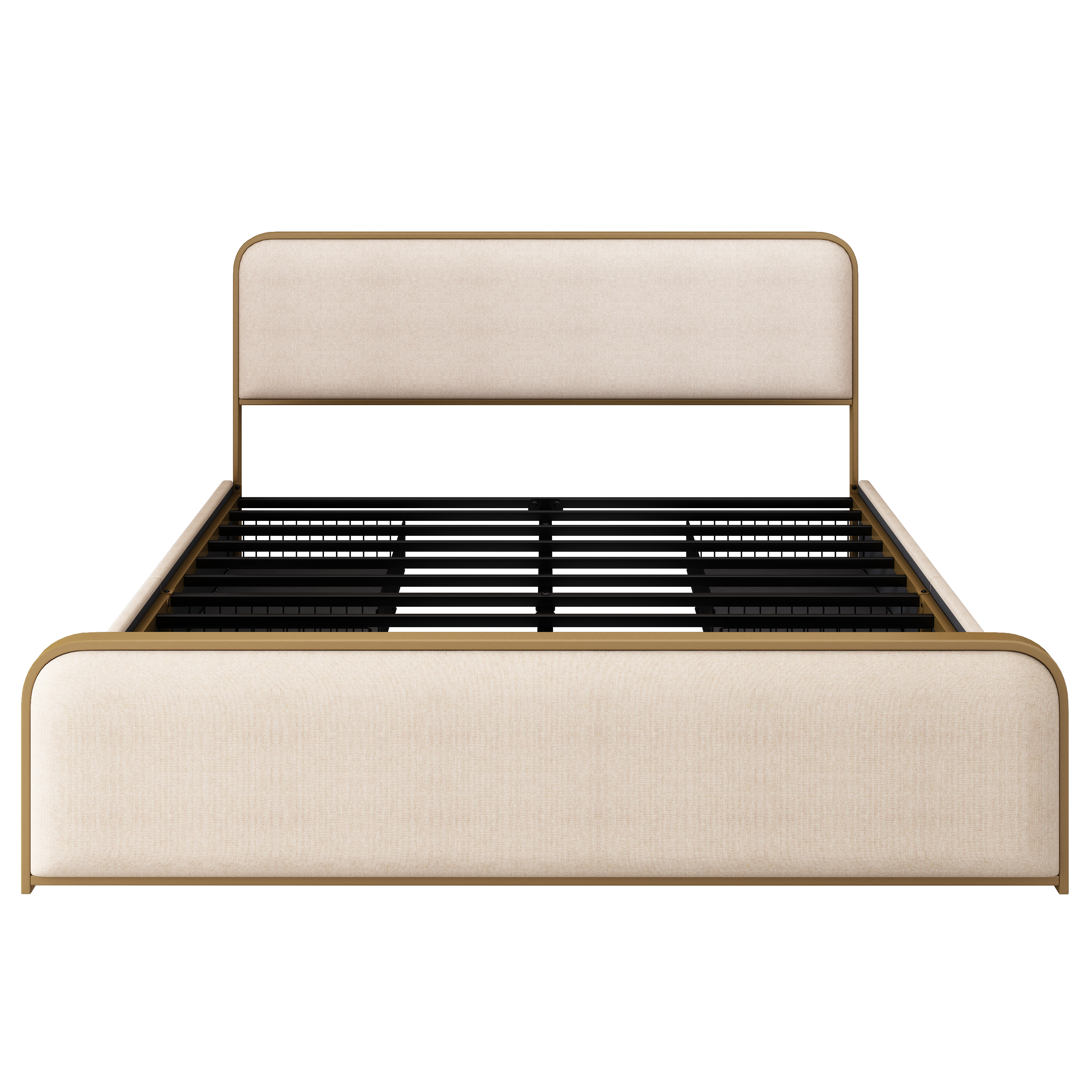 King Metal Bed Frame with Storage Drawers and Upholstered Headboard.