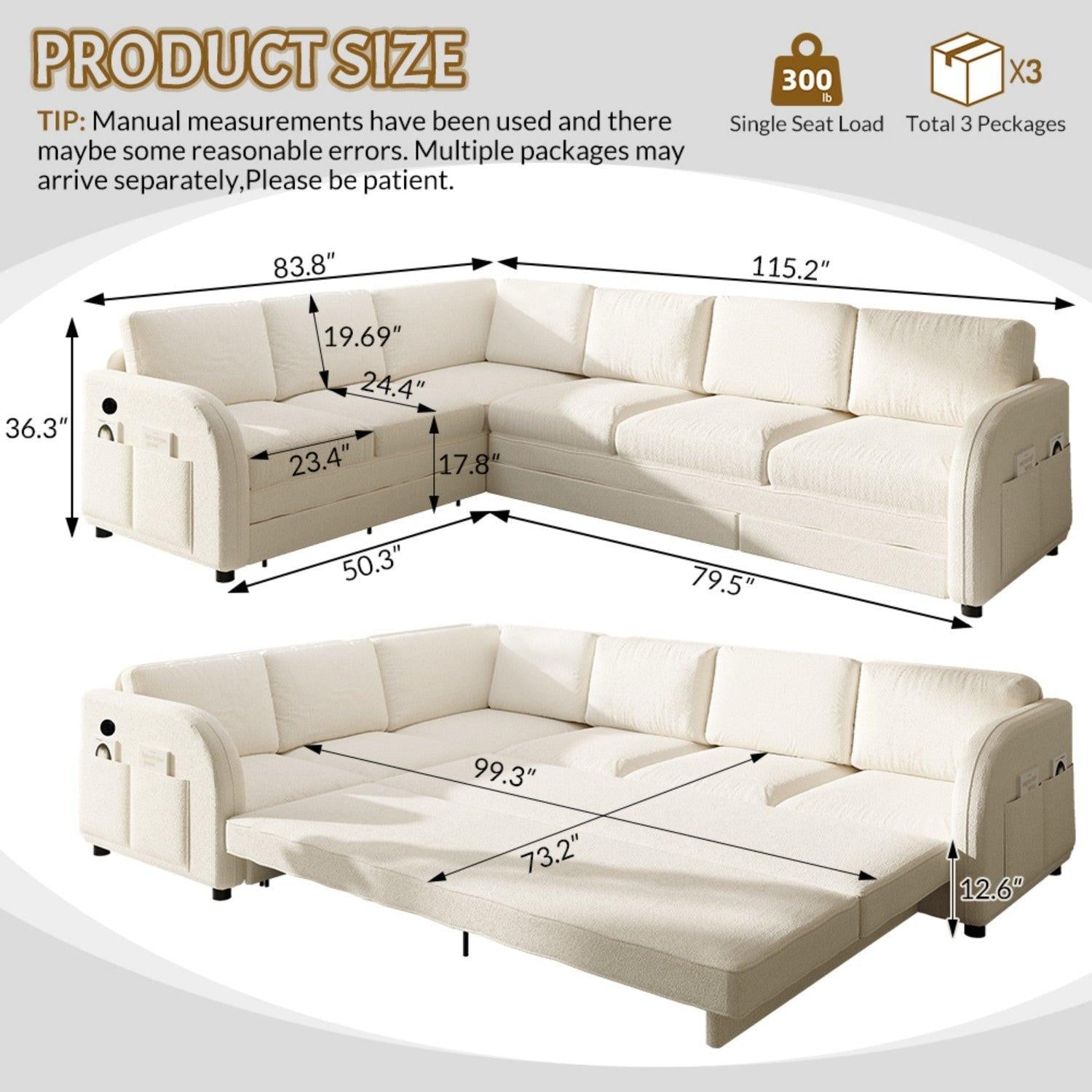 115.2' L-Shaped Sofa Bed with USB Port and Side Pocket.