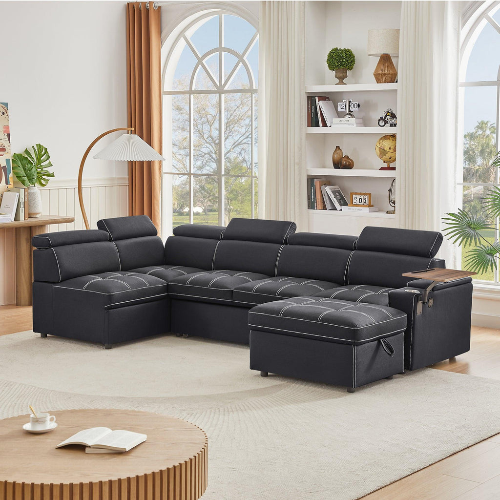 Black Sectional Sofa with Storage Ottoman for Comfortable Living.