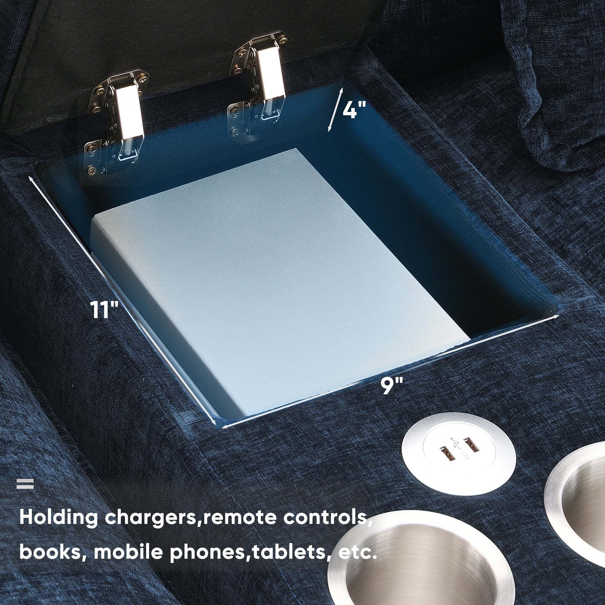 Storage console of U-shaped sectional sofa with USB charger, ideal for holding remotes, books, tablets, and other living room essentials.