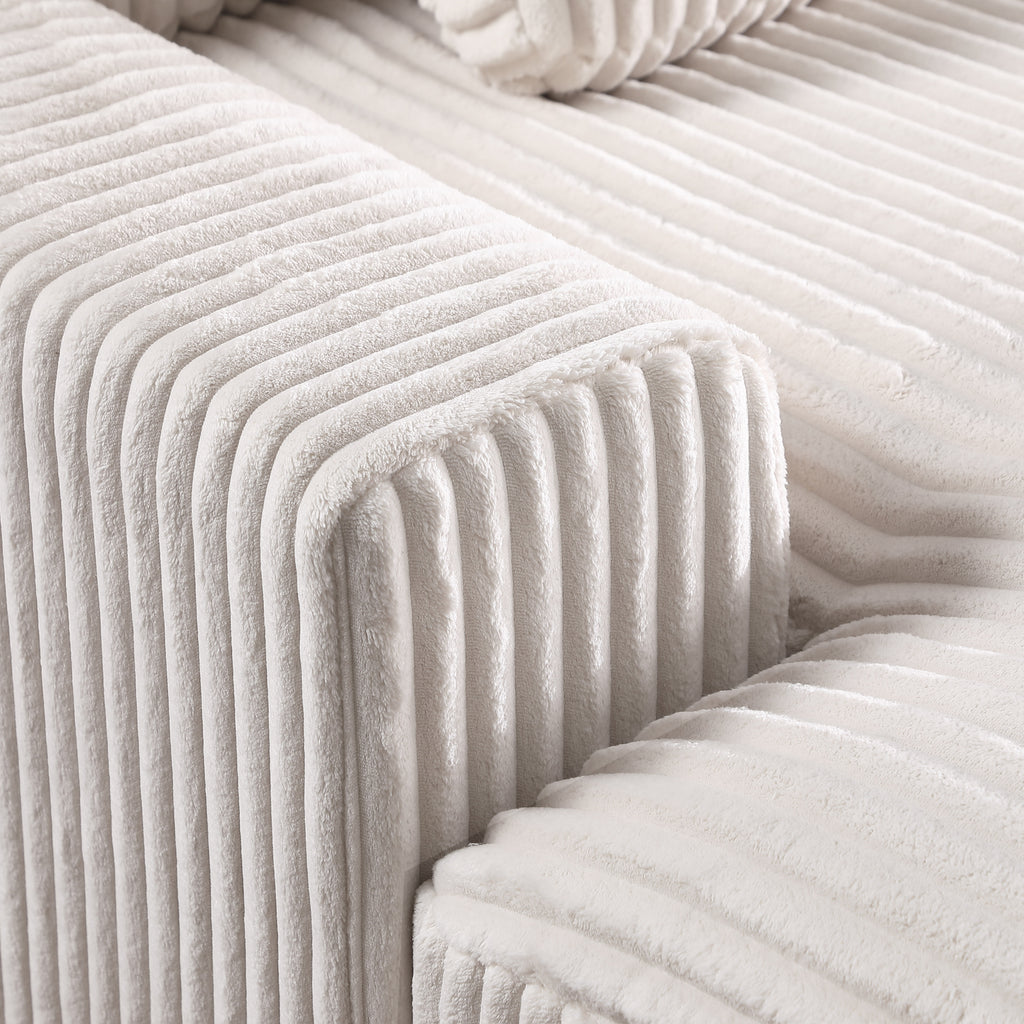 Close-up of soft ribbed corduroy fabric on Beige Corner Sofa, emphasizing its plush texture and premium upholstery.