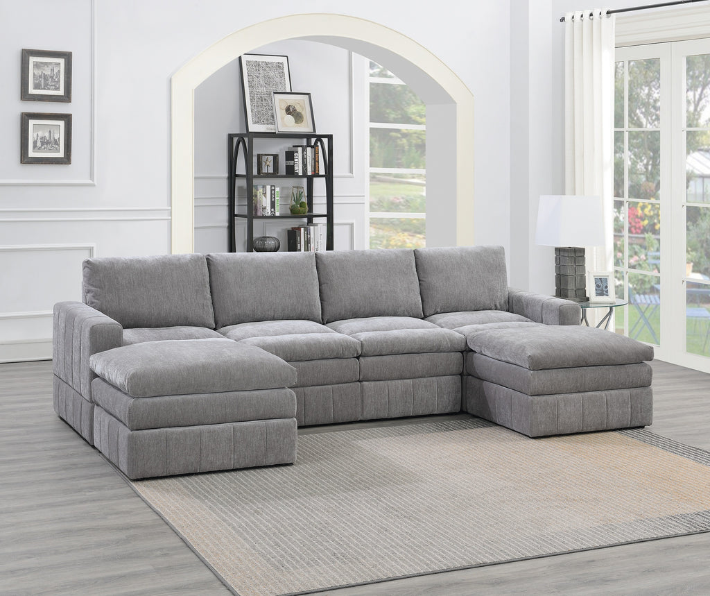 Contemporary 6-piece modular sectional in plush granite fabric, featuring two matching ottomans in a U-shaped layout.