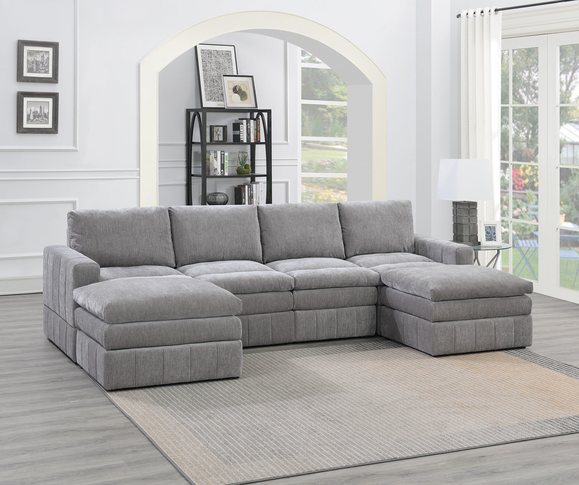 Contemporary 6-piece modular sectional in plush granite fabric, featuring two matching ottomans in a U-shaped layout.